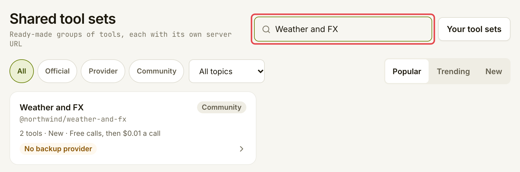 工具集搜索，已筛选出 northwind 的 Weather and FX