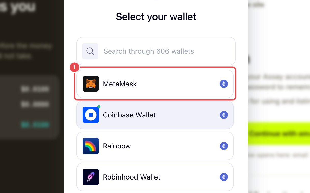 钱包选择窗口，已在可用钱包中标出 MetaMask