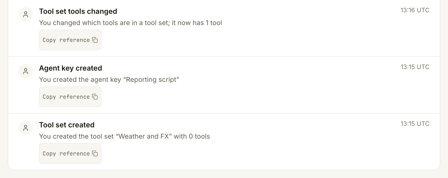 账户记录，显示工具集版本、Reporting script 智能体密钥和工具集创建记录
