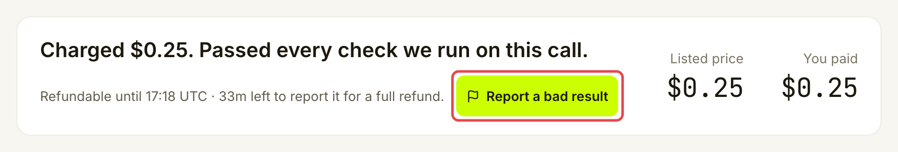 收据显示 Refundable until，并标出 Report a bad result